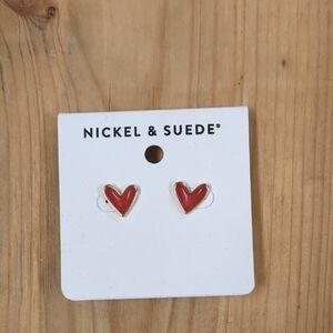Nickel & Suede Red Heart Stud Earrings